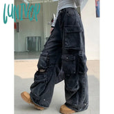 non binary outfits American-Style Washed Worn Multi-Pocket Workwear Jeans Women's Street Straight Loose Wide-Leg Trousers